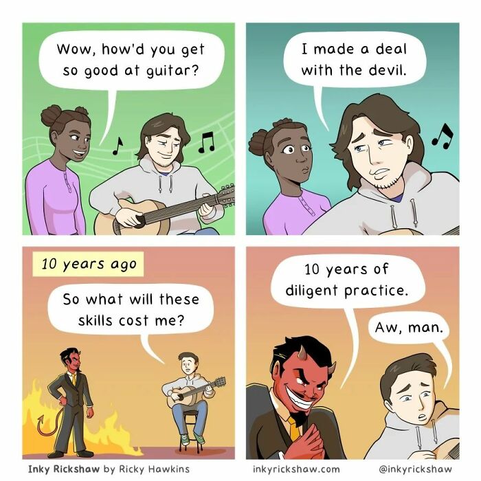 Comic strip showing a humorous unexpected ending about a deal with the devil and guitar skills in 44 comics with unexpected endings.