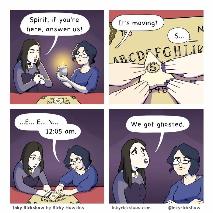 Two women use a Ouija board comic with an unexpected ending about getting ghosted, part of funny comics by Ricky Hawkins.