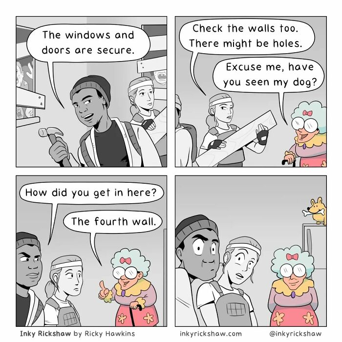 Comic with unexpected endings showing characters discussing security while a woman references the fourth wall and looks for her dog.