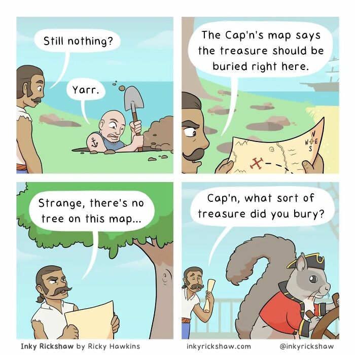 Comic panels showing pirates searching for treasure with an unexpected funny ending featuring a squirrel, from comics with unexpected endings.