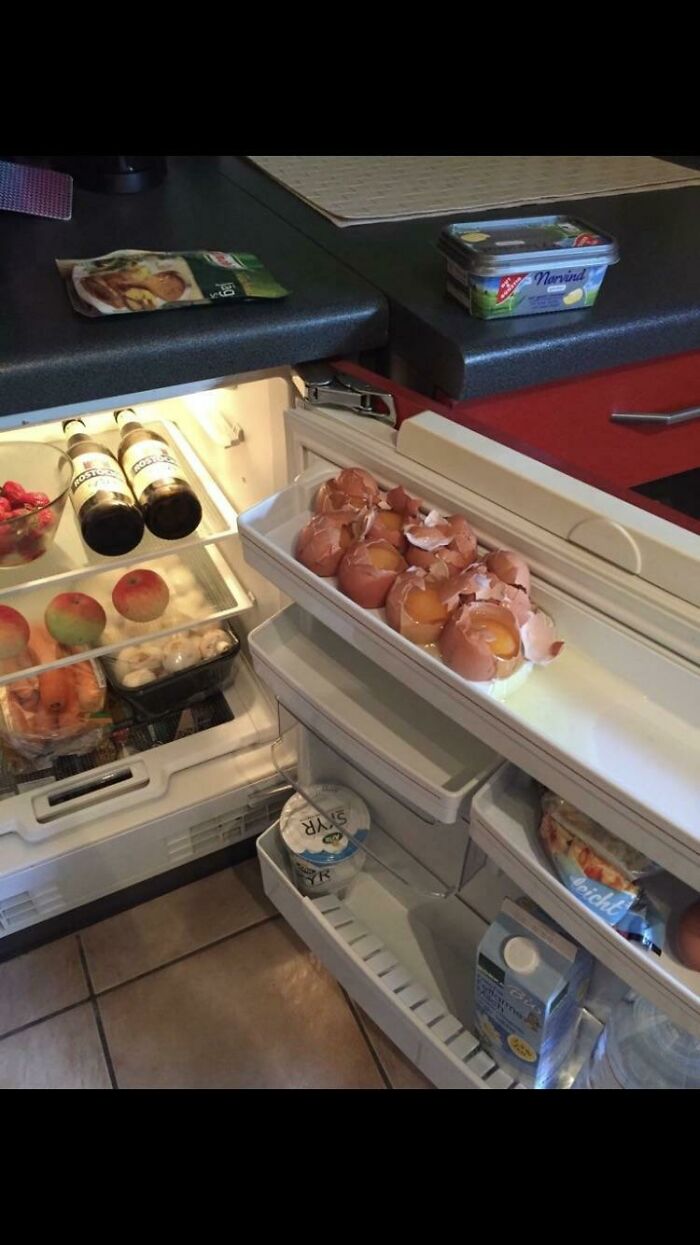 Stayed At An Airbnb And The Egg Tray Was On The Top Shelf. Safe To Say It Didn’t Belong There