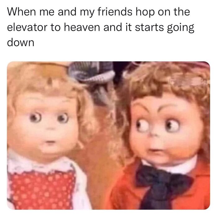 Two dolls with surprised expressions, illustrating a relatable meme about an elevator mishap.