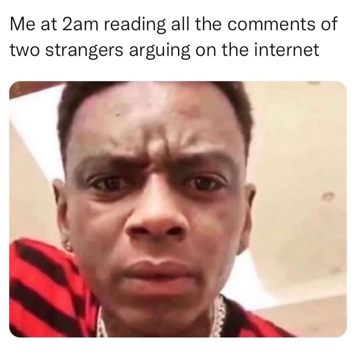 Close-up of a person with a surprised expression, highlighting relatable memes about late-night internet browsing.