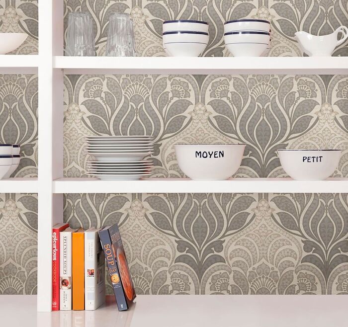 Kitchen with gray flower wallpaper