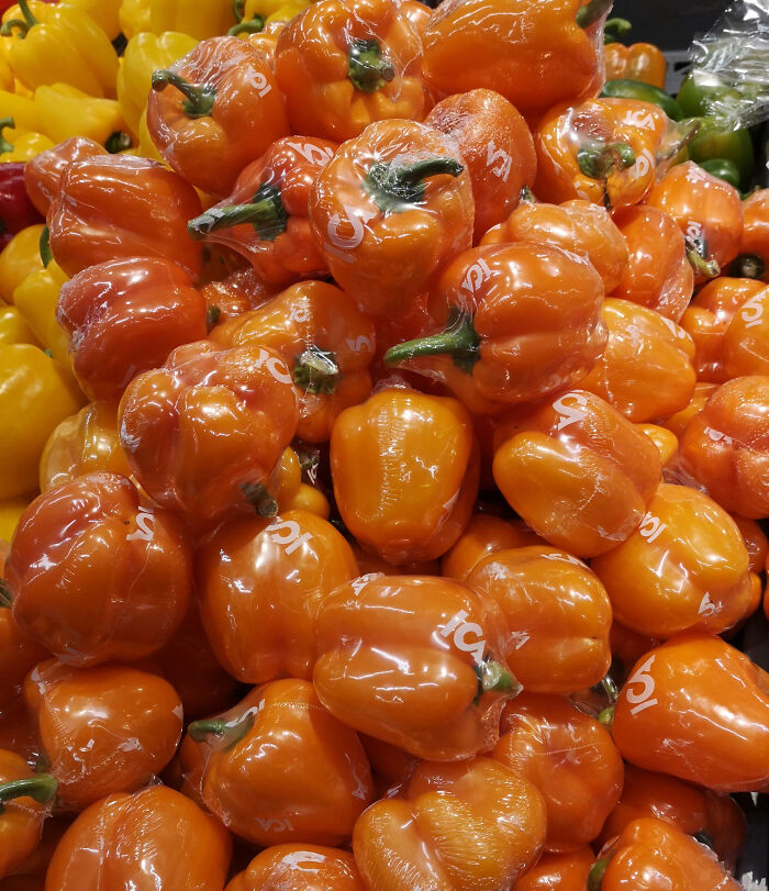 Orange bell peppers individually wrapped in plastic packaging, an example of facepalm-worthy packaging fails in grocery stores.