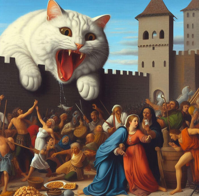 A giant cat looms over a medieval town wall, with people reacting humorously below, in a hilarious medieval meme.