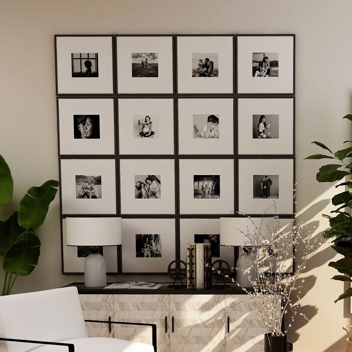 Wall decorated with family pictures above a cupboard, enhancing dining room ideas for warm family gatherings and parties.