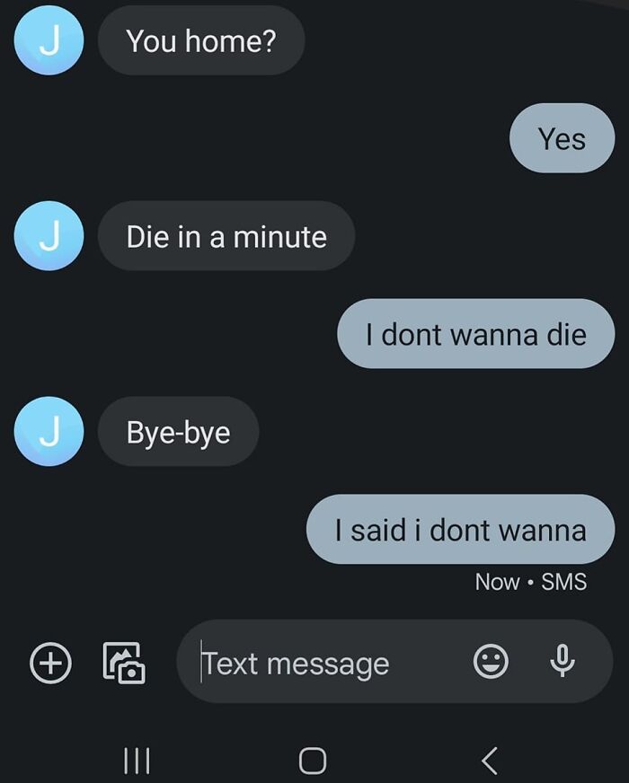 Text message conversation showing autocorrect error with phrase die in a minute causing confusion in normal text chat.