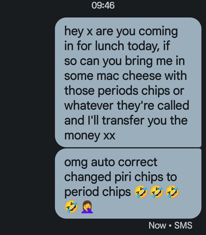 Text message showing an autocorrect fail where piri chips were changed to period chips causing a humorous mess.