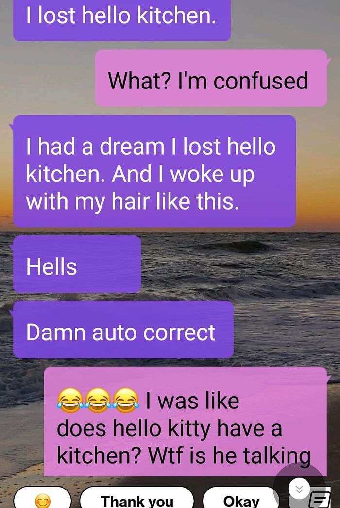 Text message conversation showing a funny autocorrect fail with the phrase hello kitchen instead of hello kitty.