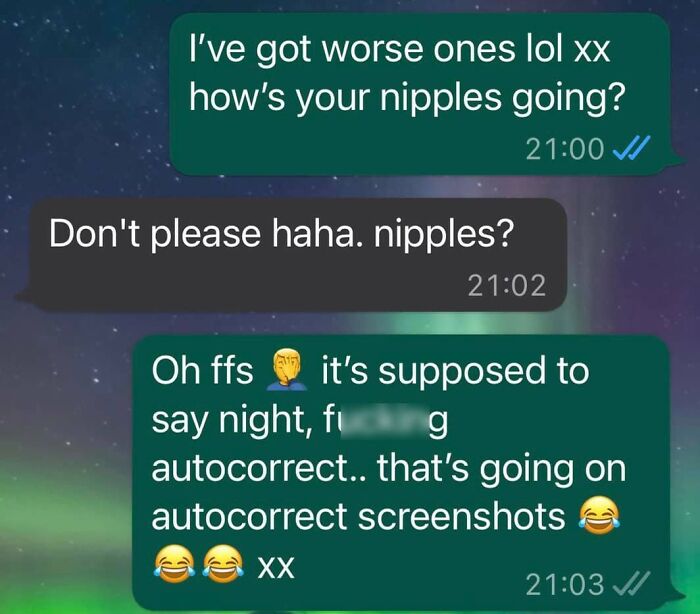 Text message screenshot showing an autocorrect fail where "night" was changed to "nipples" causing confusion.
