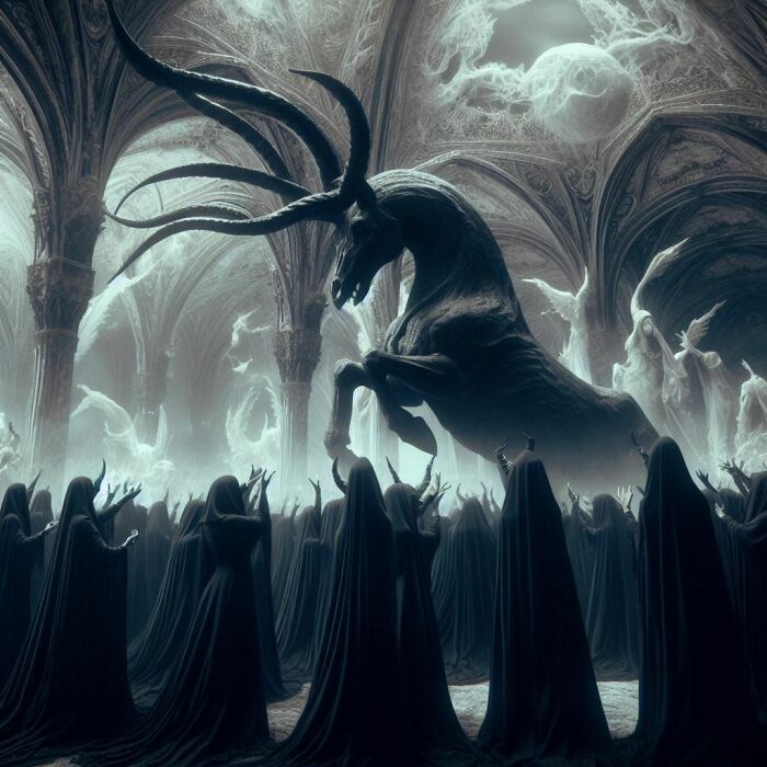 Black Silhouettes Worshiping A Demon Horse