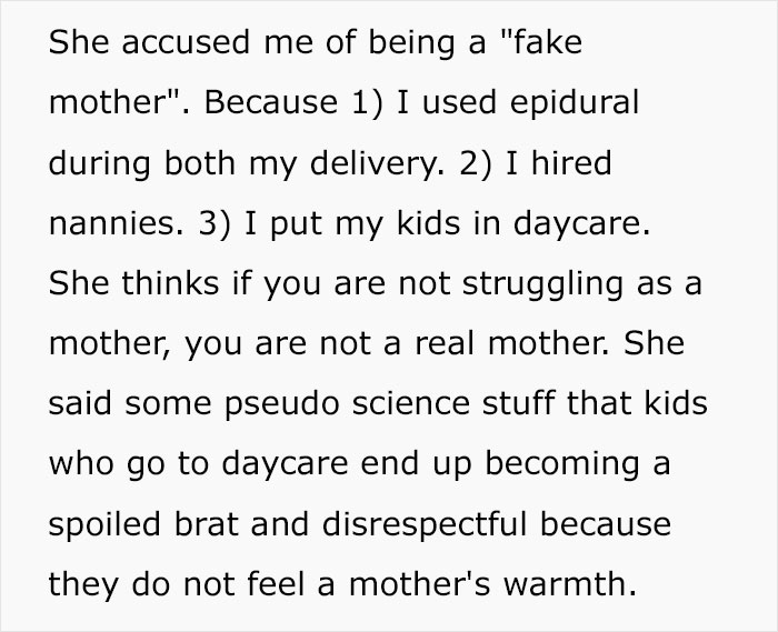 Text discussing conflict over parenting choices, daycare use, and accusations of being a fake mother among moms. Text discussing conflict over parenting choices, daycare use, and accusations of being a fake mother among moms.