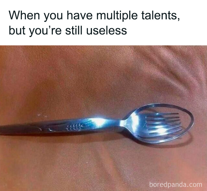 A confusing and unsettling spoon-fork hybrid utensil representing multiple talents but useless from 50 hilarious pics.