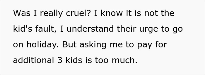 Text from woman called greedy witch by ex&rsquo;s mistress refusing to take 3 kids on Italy trip about cost concerns and fairness.