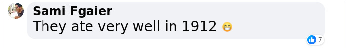 They ate well in 1912" comment with a smiley face, related to Titanic first-class menu insights.