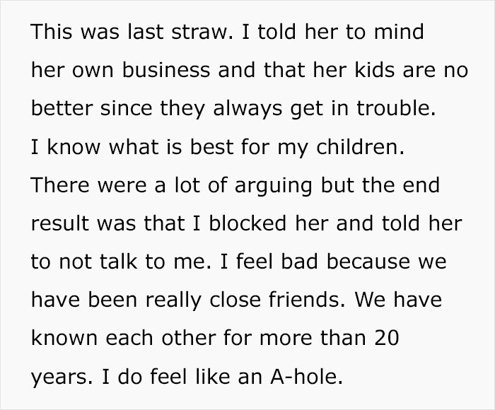 Text excerpt from SAHM scolding mom for sending kids to daycare, ending 20-year friendship with a block. Text excerpt from SAHM scolding mom for sending kids to daycare, ending 20-year friendship with a block.