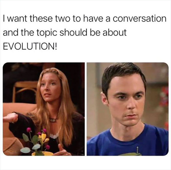 Two characters in a meme about having an evolution conversation, related to hilarious "Friends" content.