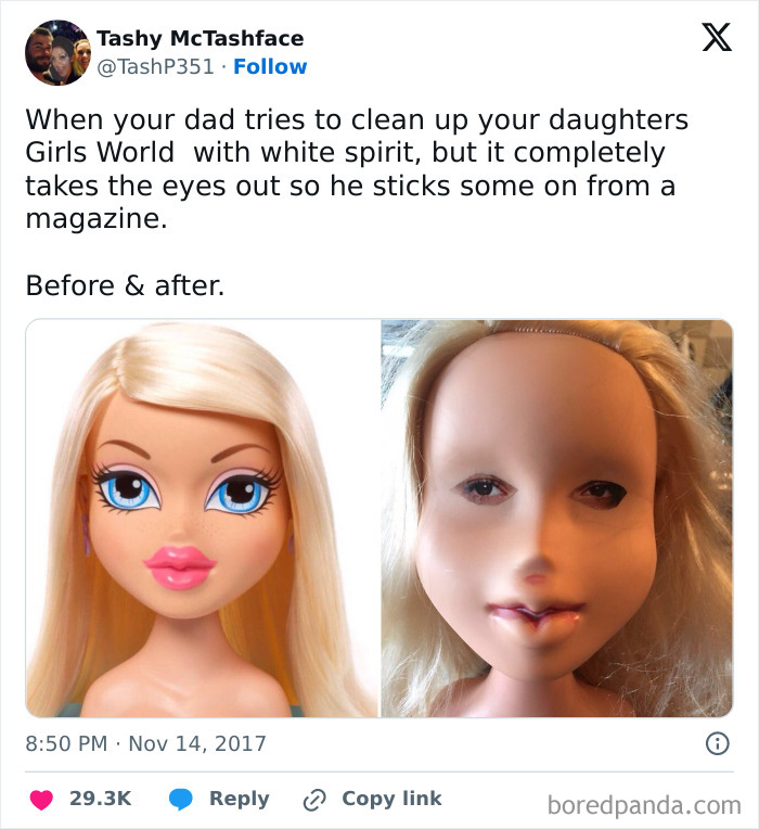 Doll makeover gone wrong by a dad, showing humor better than kids'. Before and after photos with altered eyes and lips.