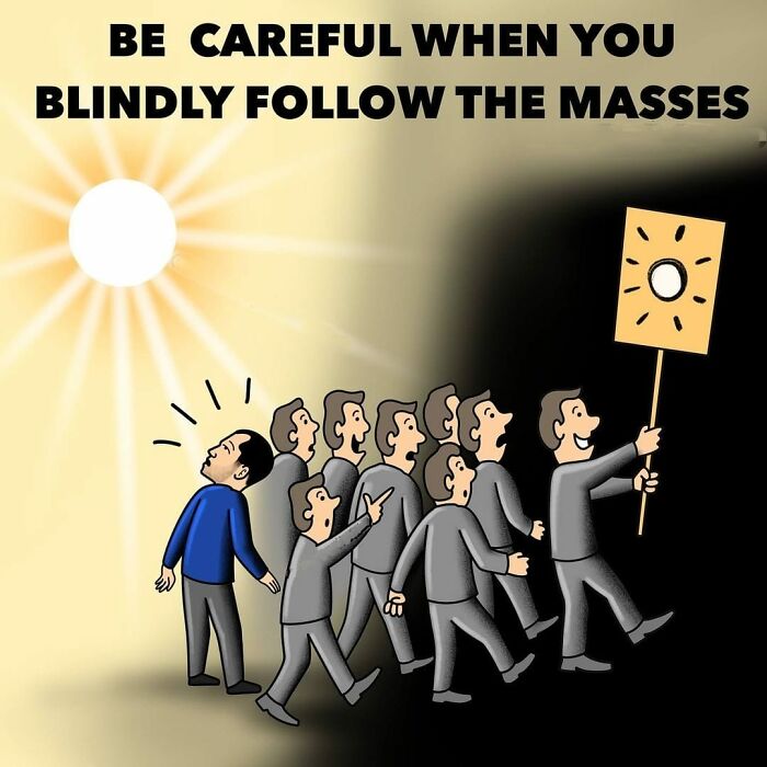Group of people blindly following each other into darkness with one person looking toward the light highlighting society issues.