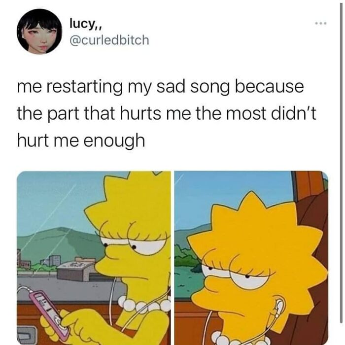 Cartoon character listening to music with a frustrated expression, representing relatable memes for socially awkward friends.