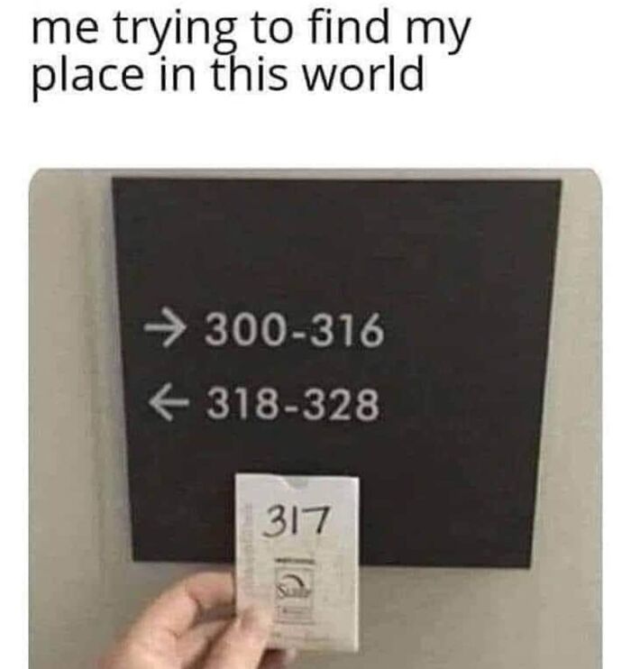Person holding number 317 under a sign with arrows for 300-316 and 318-328; relatable meme about feeling out of place.