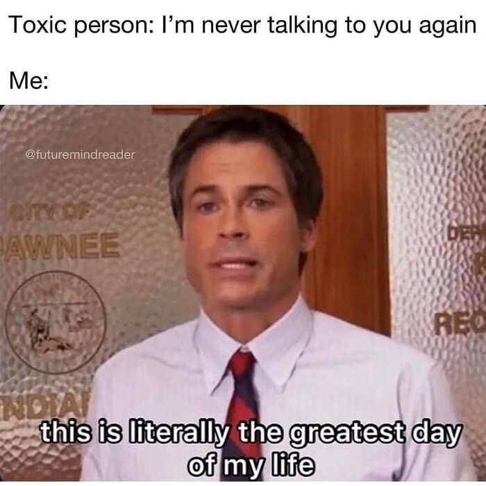 Man in office reacting humorously to awkward social situation, expressing relief at toxic person's departure.
