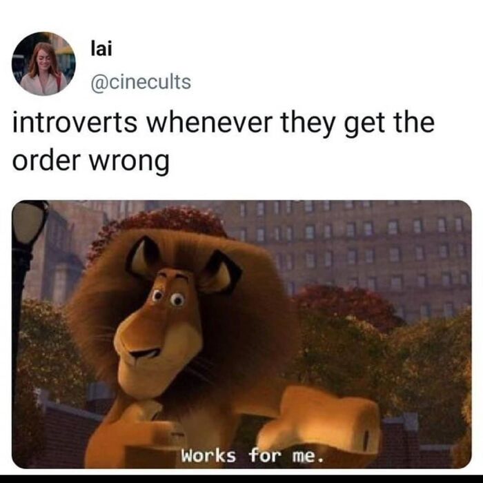 Lion character with caption about introverts and order mistake, funny relatable meme for socially awkward friends.