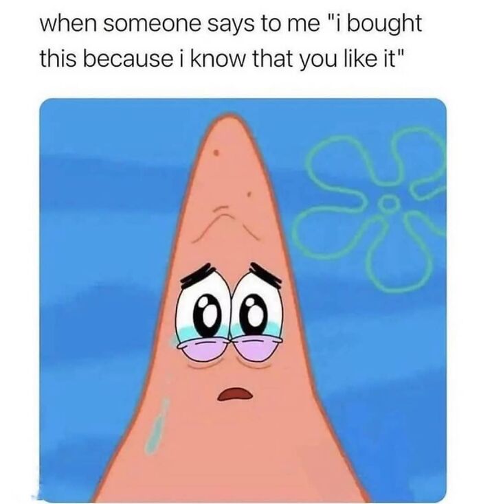 Cartoon character with a tear, looking touched; relatable meme for socially awkward situations.