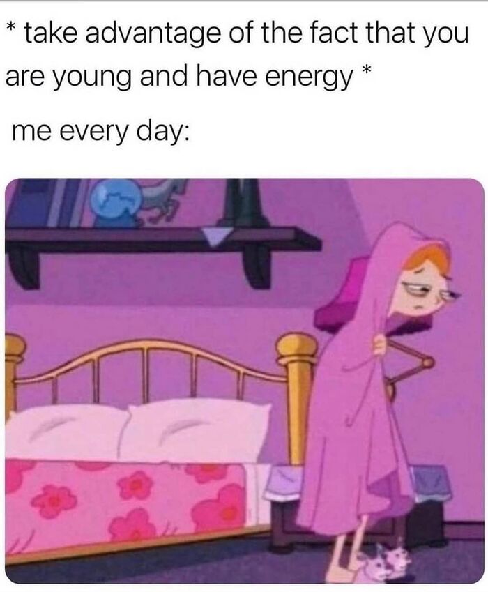 Socially awkward meme of a tired cartoon character with a pink robe and slippers, standing by a bed.