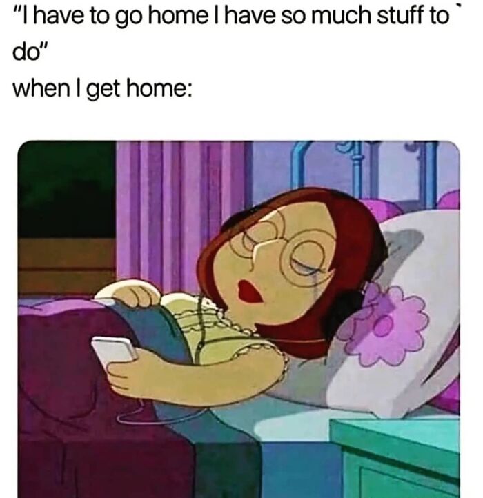 Cartoon character sleeping with headphones after saying they have stuff to do, depicting a socially awkward meme.