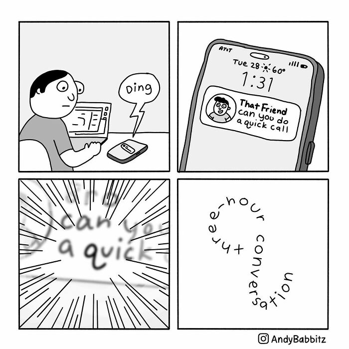 Minimalist comic about daily things showing a quick call turning into a three hour conversation on a smartphone.