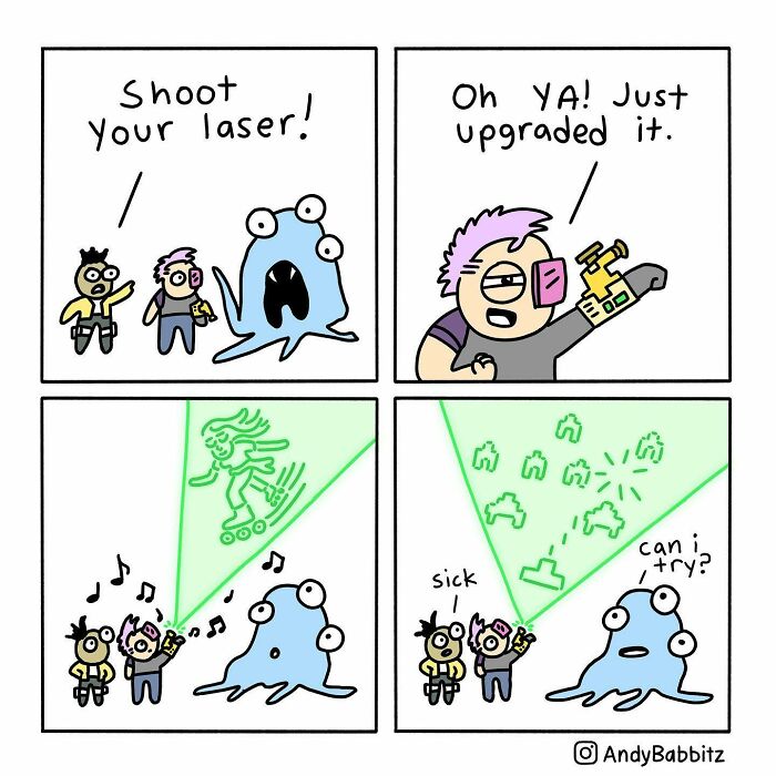 Comic about daily things featuring characters using an upgraded laser projecting fun roller-skating and game visuals.