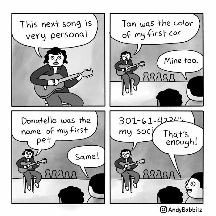 Comic strip showing a musician sharing personal stories on stage in amusing daily life comics by Andy Babbitz.