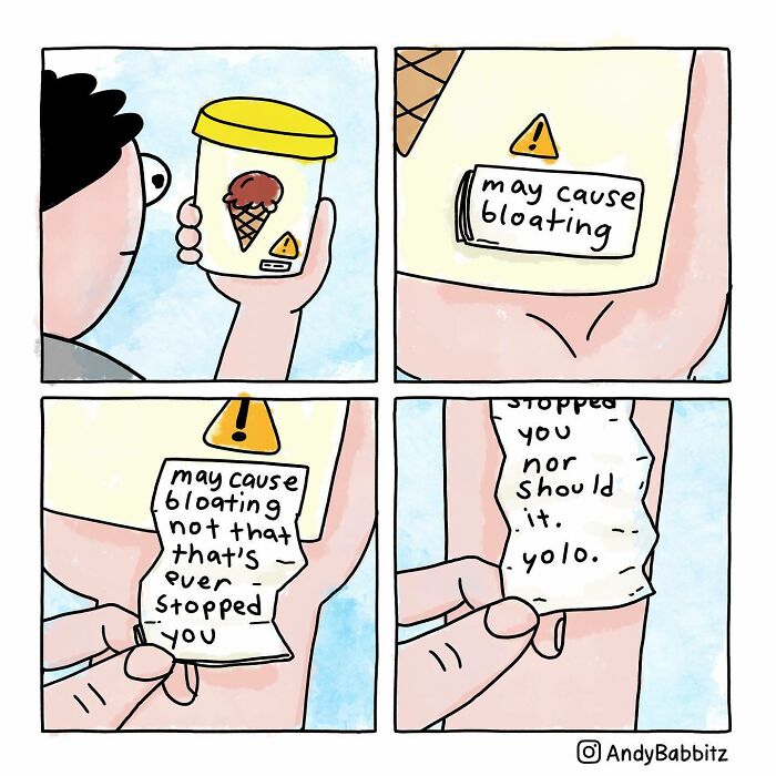 Person reading humorous ice cream label warning about bloating in amusing comics about daily things by Andy Babbitz.