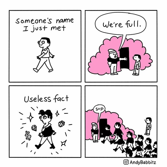 Black and white amusing comic panels by Andy Babbitz showing daily social awkwardness with witty humor and simple illustrations.