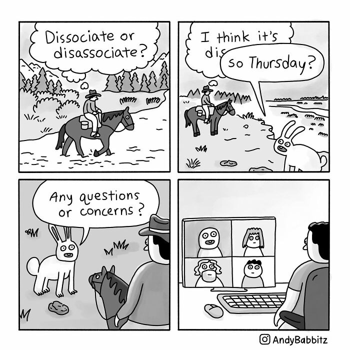 Comic panels show a person on horseback talking to a rabbit, then attending a virtual meeting, illustrating daily life humor by Andy Babbitz.