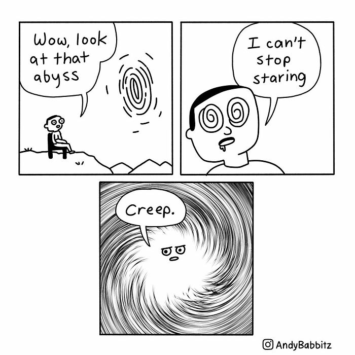 Black and white comic panels showing a person staring at an abyss with comic humor by Andy Babbitz about daily things.