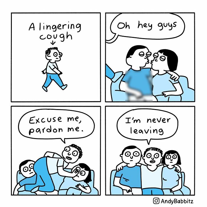 Comic about daily things showing a lingering cough interrupting a couple with humorous interaction.