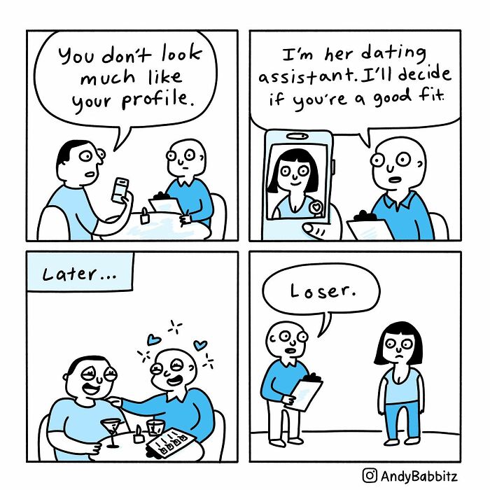 Comic strip showing dating assistant reviewing a profile and calling a person a loser in daily life comics.