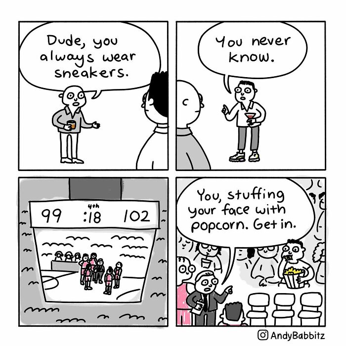 Comic panels by Andy Babbitz humorously depicting daily life moments, featuring casual conversations and a basketball game.
