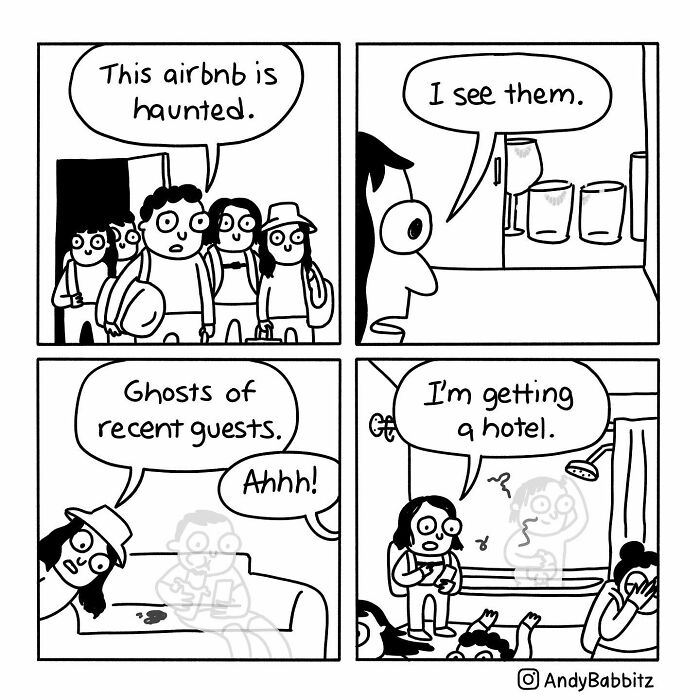 Comic by Andy Babbitz showing guests encountering ghosts in an Airbnb, illustrating amusing daily life situations.