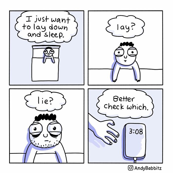 Amusing comic about daily life confusion over lay versus lie with tired character checking the time on a phone.