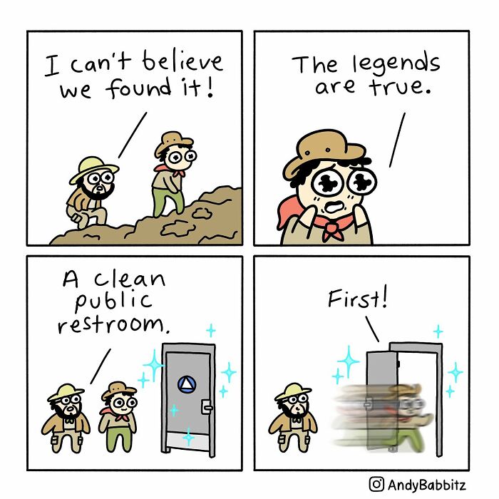 Two explorers discover a clean public restroom in a funny comic about daily things by Andy Babbitz.