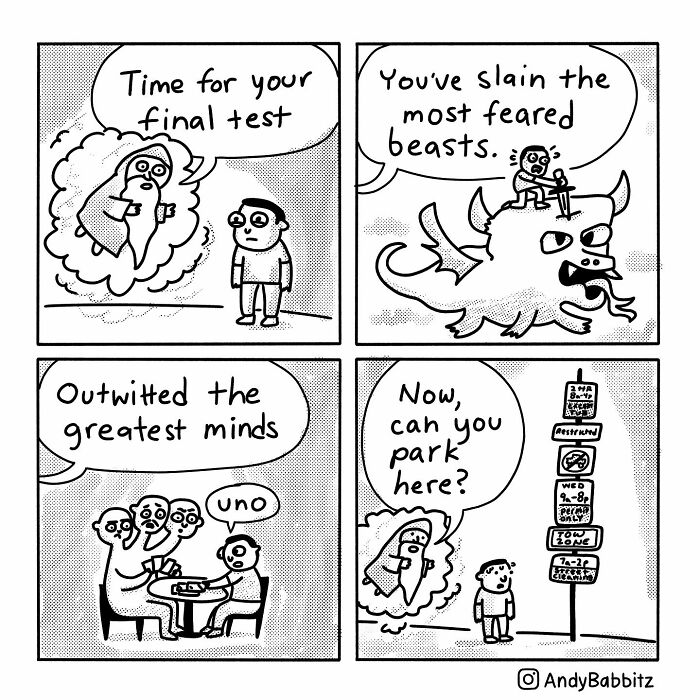 Comic depicting a humorous daily life test featuring fantasy battles, outwitting minds, and confusing parking signs.