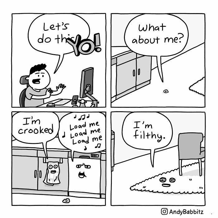 Black and white amusing comic panels showing daily objects like a rag and rug speaking, illustrating daily things humor.