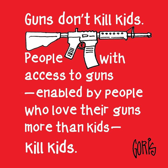Cartoon by Dennis Goris showing a gun with text critiquing gun access and its impact on children, highlighting everyday life and politics.