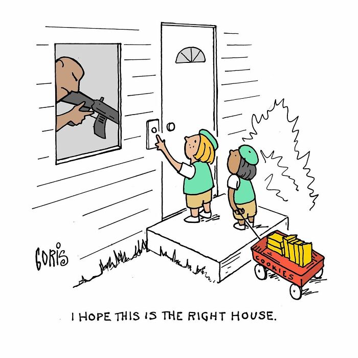 Cartoon by Dennis Goris showing children delivering cookies to a man with a gun in a commentary on everyday life and politics.