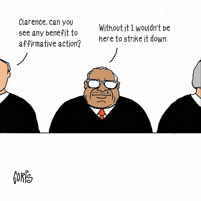 Cartoon by Dennis Goris showing a judge discussing affirmative action with a witty political insight.