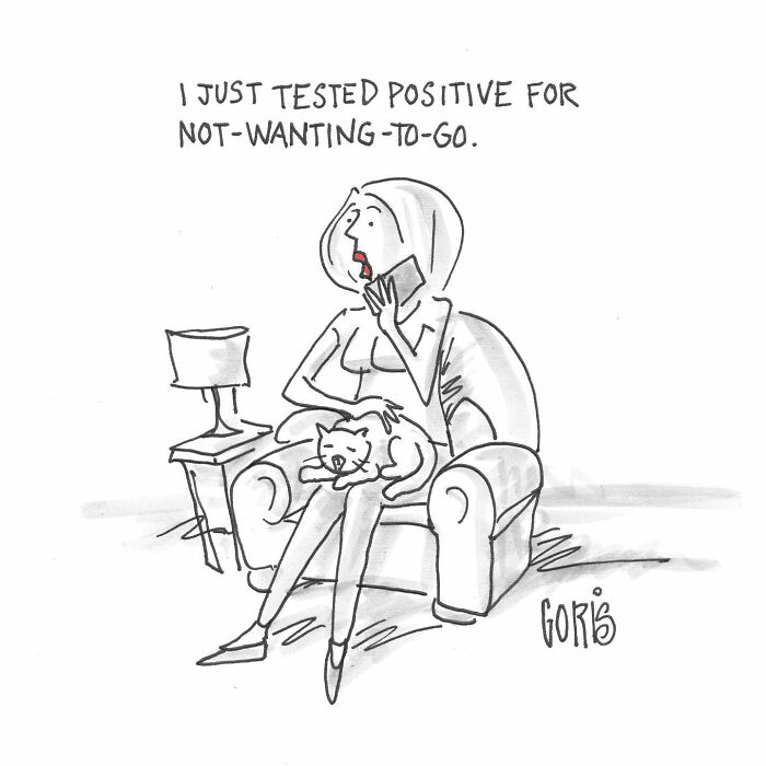 Woman sitting with a cat on her lap, holding phone, cartoon illustrating funny everyday life by Dennis Goris.